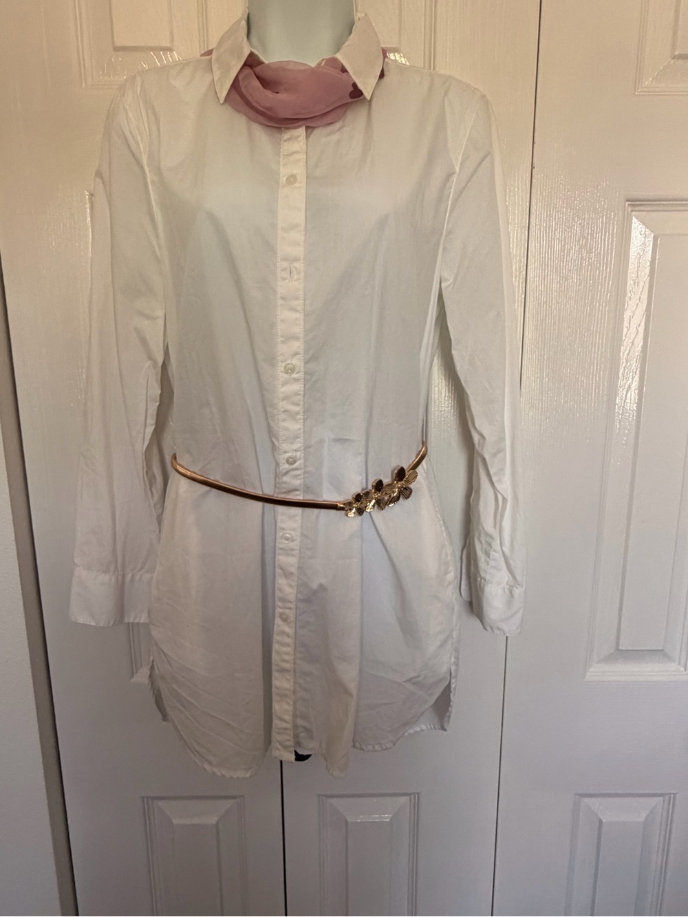 Madewell White Long-Sleeve Shirt Dress with Pink Scarf Detail